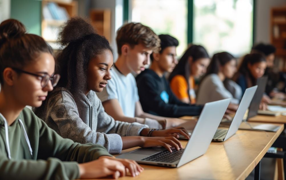students in a classroom taking digital exam