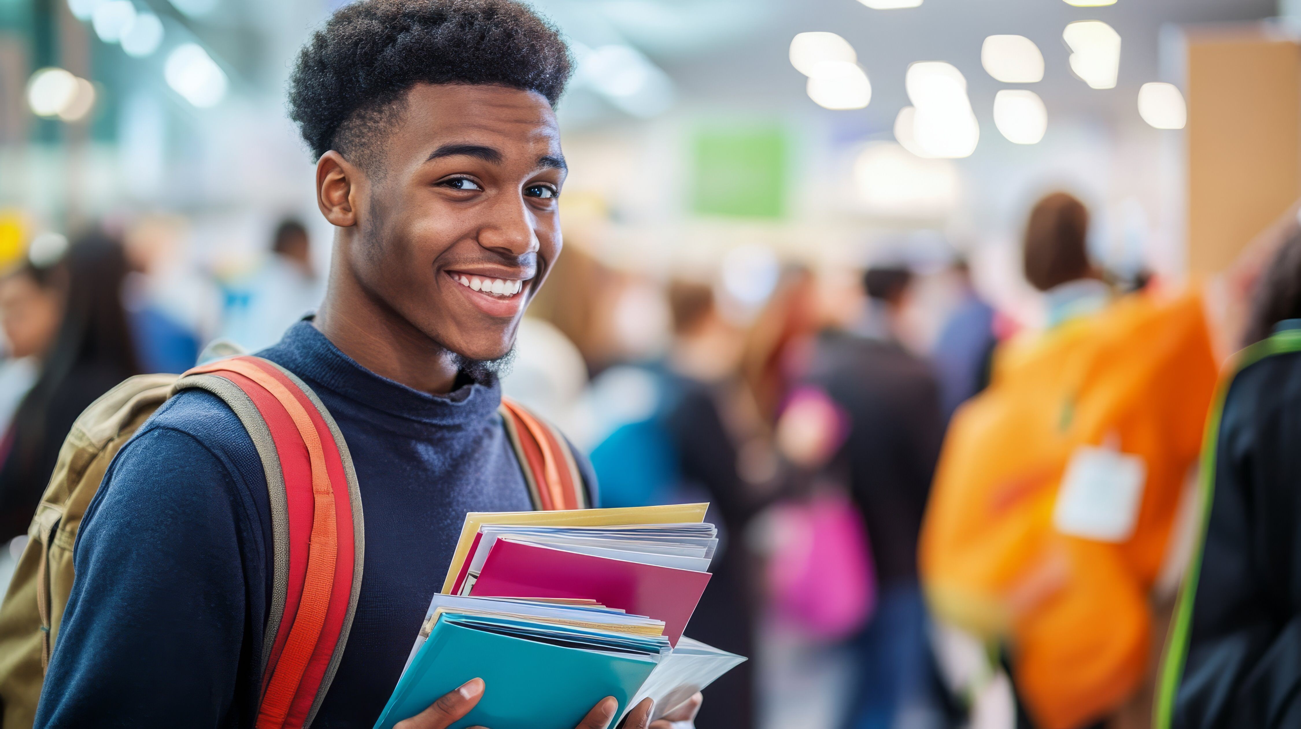 high school student inside a conference hall holding a stack of college brochures