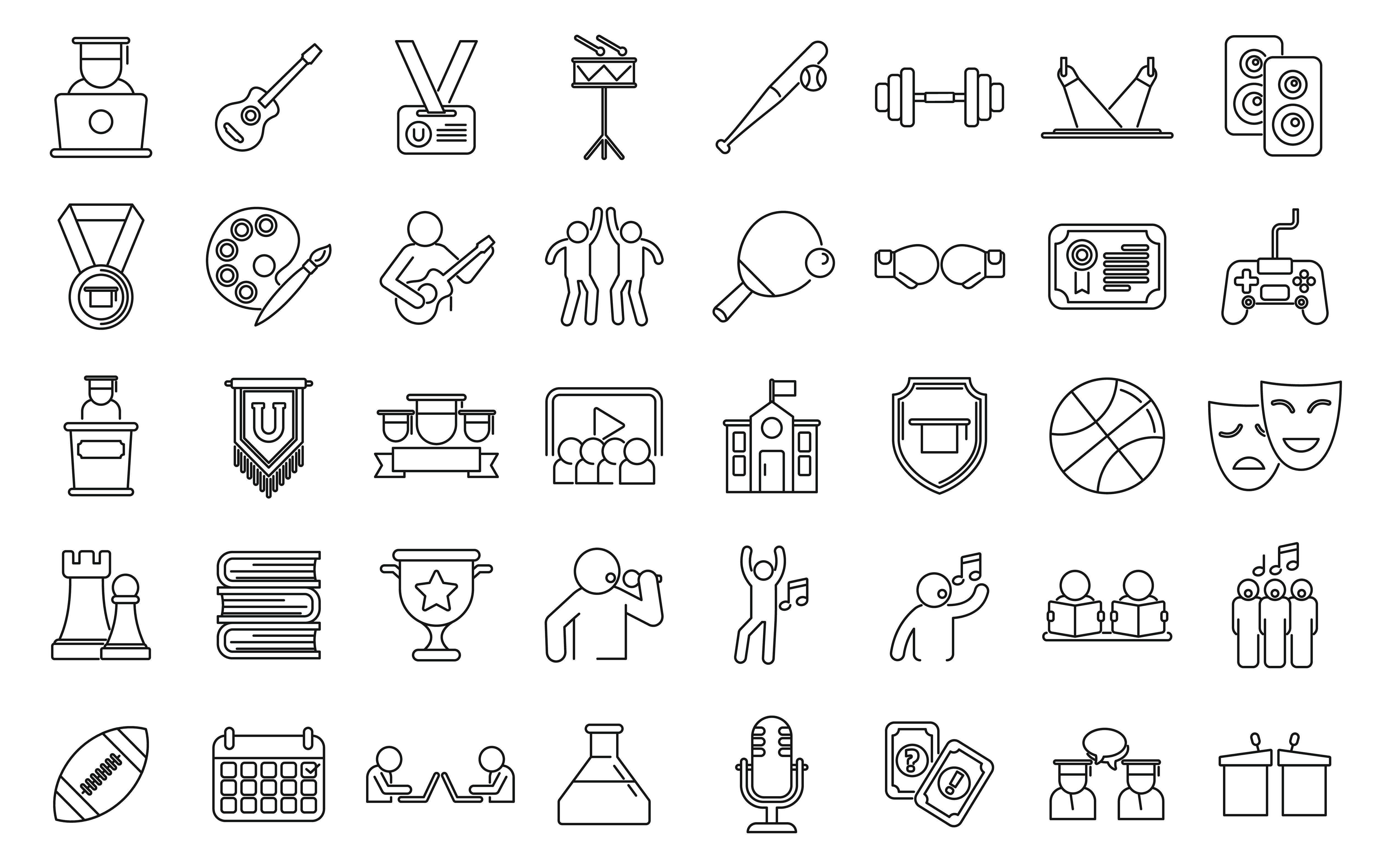  line drawings of icons representing different activities and interests, including chess pieces, a football, a guitar and a pc game controller